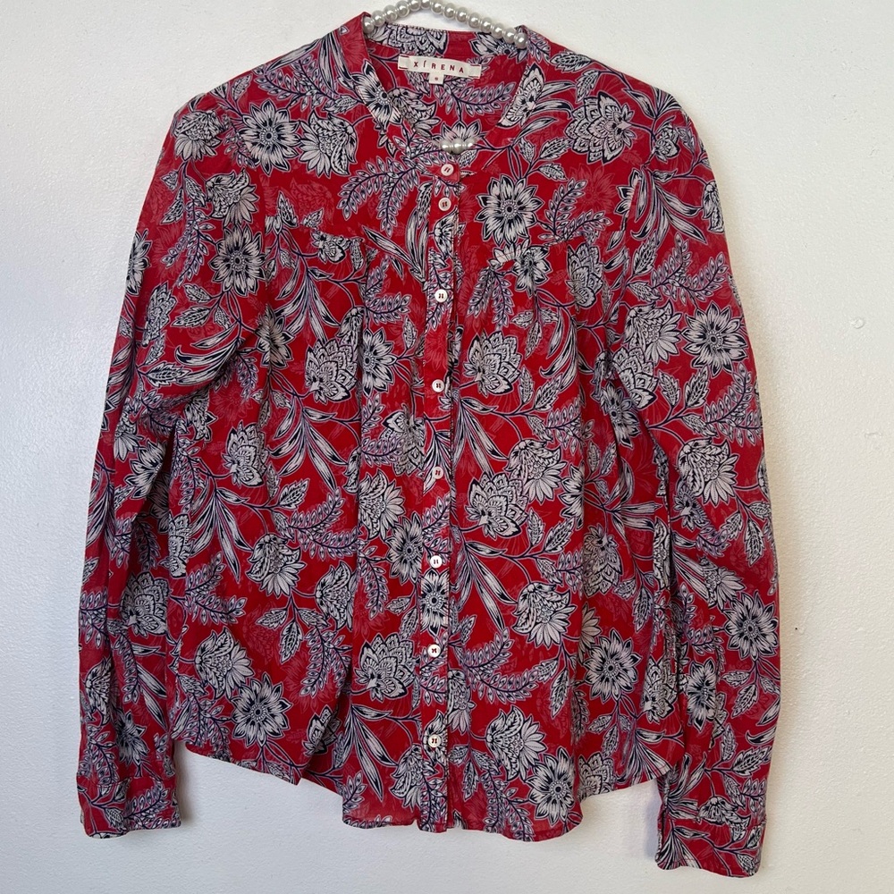XIRENA Anthropologie 100% Cotton Long-Sleeve Button-Front Blouse Red Floral S